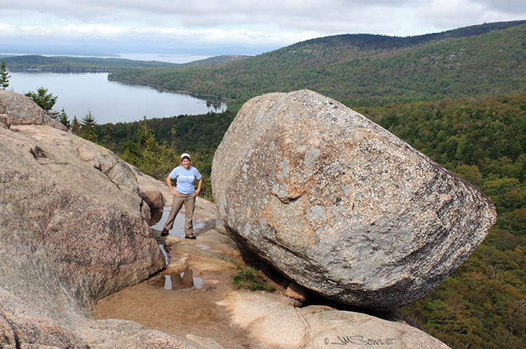 _MIK0730.jpg - There is a sign not far from this rock that says "Do not throw rocks from mountain".  They have some very strong people in Maine.  This is the top of South Bubble, and I believe that is Jordan Pond in the near distance.  It was a beautiful day for a hike!