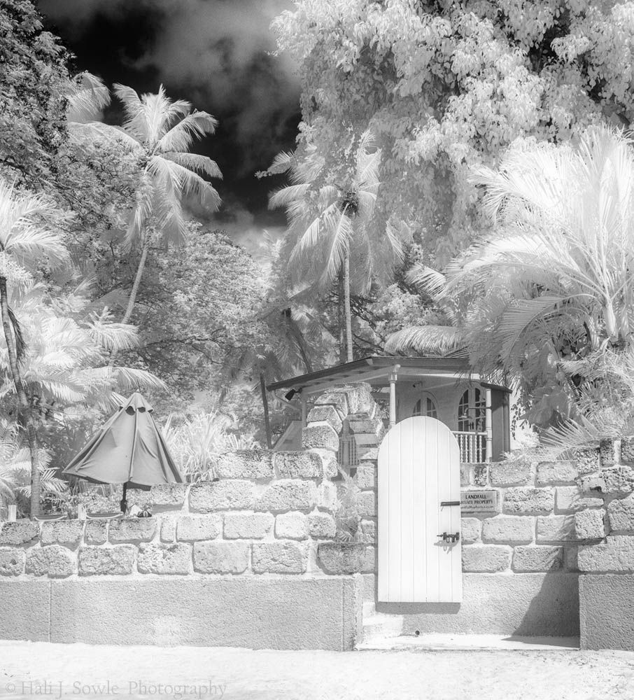 2016_11_Barbados-13204-Edit1000.jpg - Infrared shot of the Landfall property down the beach from The Club.  I loved the door into the patio of the property.  Okay, I loved all that I saw of Barbados.