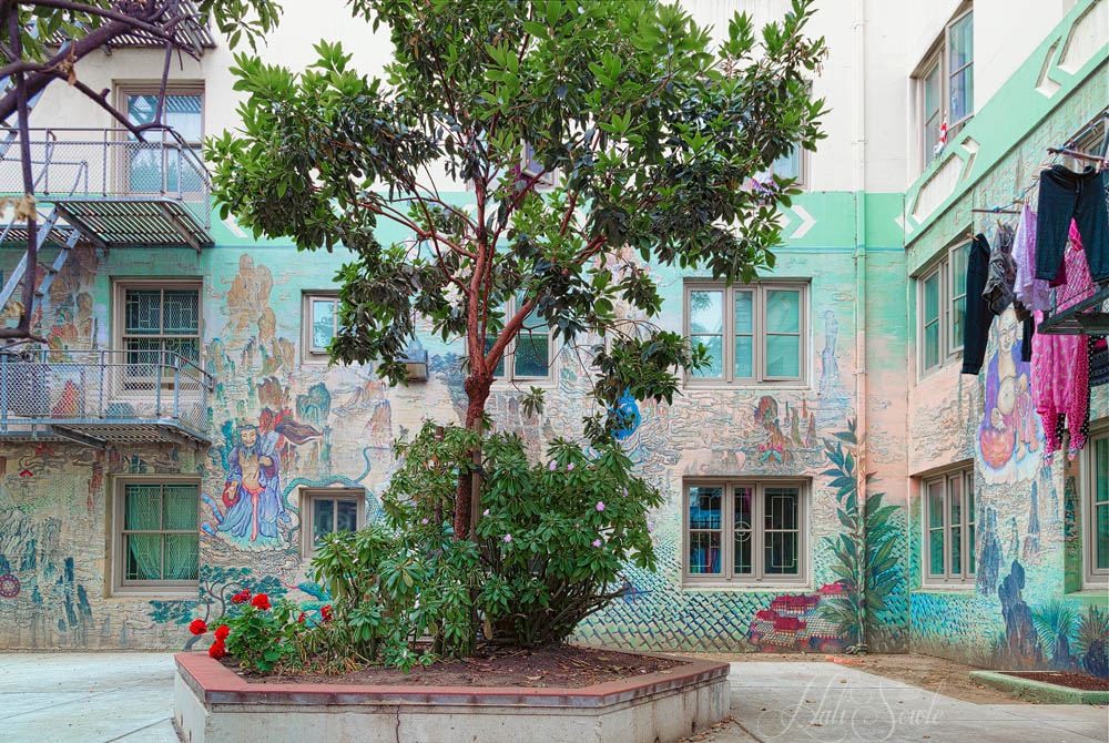 2015_05_California-10663-4Blended-Edit1000.jpg - A courtyard in Chinatown filled with delicate and beautiful murals taken through the wrought iron fence.