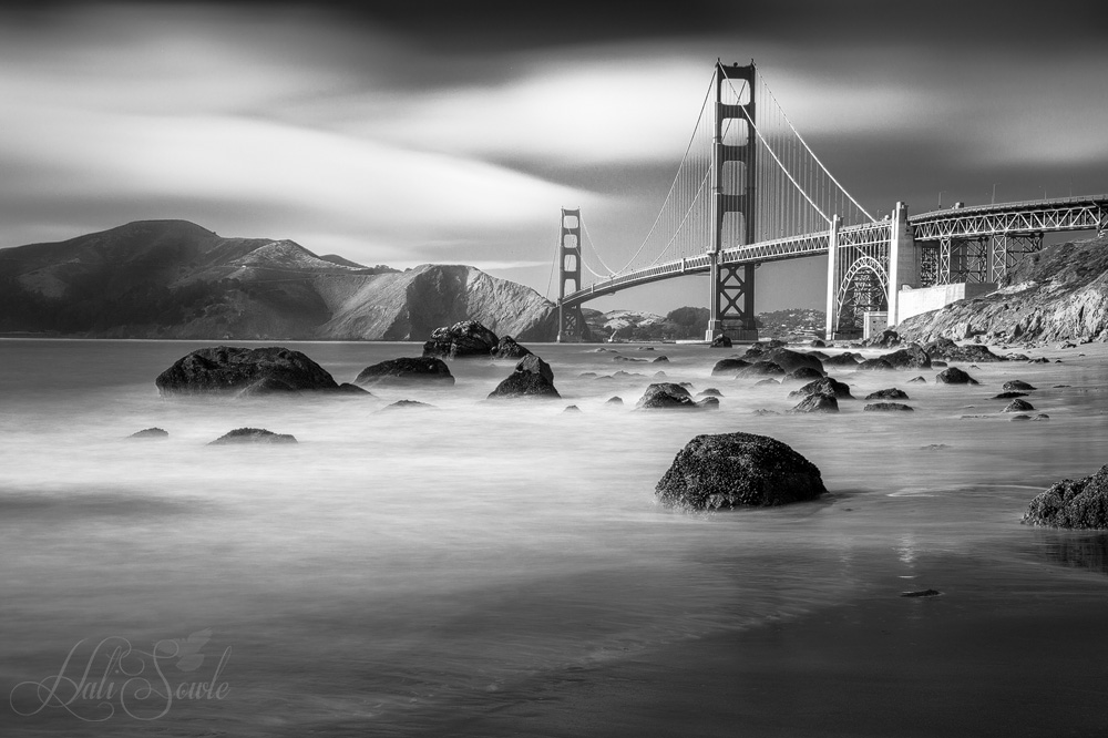 2015_05_California-11026-Edit1000_B_W.jpg - The Golden Gate Bridge from Marshall Beach.  We hiked down there twice, the first day we didn't realize we could get past the big rocks at low tide.  Skirting the rocks gave us this fabulous vantage point.