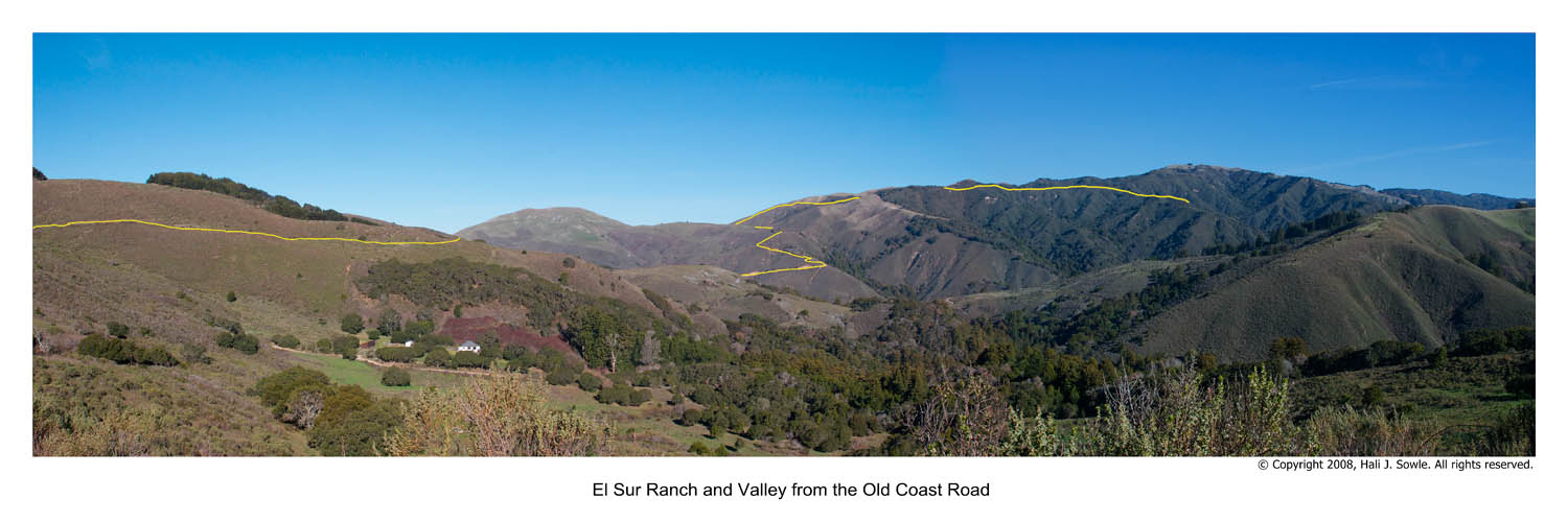 CentralCali_50.jpg - The Old Coast Road through El Sur Ranch in Big Sur.  This was the old road that people took before the Bixby bridge was built to continue the Pacific Coast Highway.   The road cuts through the private property of the El Sur Ranch and would often have fencing on both sides of the road with signs saying no loitering.  We only saw one vehicle on that road -- a truck that slowed down to look us over as we stopped to take a picture (but they did not say anything).  The line in yellow is the road we followed.