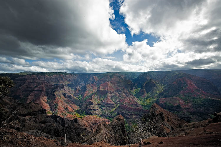 2009_09_28_Hawaii-85.jpg - The view from the Waimea Canyon Lookout.  The canyon was created after the three rivers that led from the Alaka'i Swamp in the center of the island were combined into one due to a fault under the island causing the collapse of the volcano's side.  The newly created river ran through the lava flows to create the canyon.