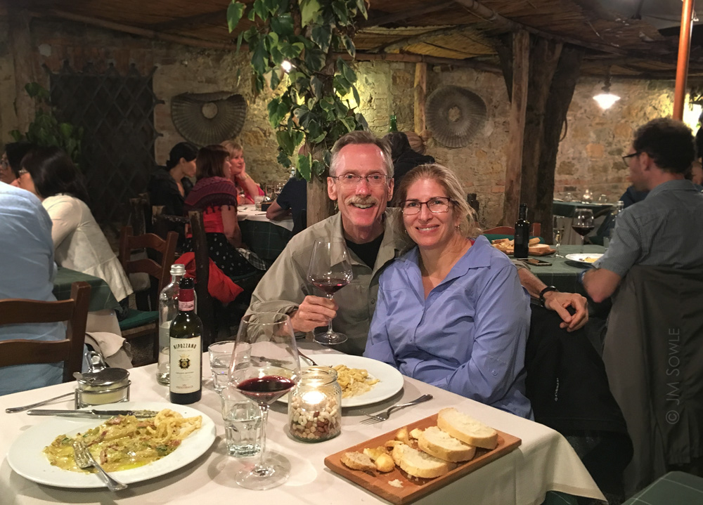 IMG_4422A.jpg - This was a great little place in San Quirico d'Orcia that was only serving on the patio this evening.  We met a fellow traveler (from Australia) at the next table and traded picture favors.  This is a phone picture with a small amount of PS processing.