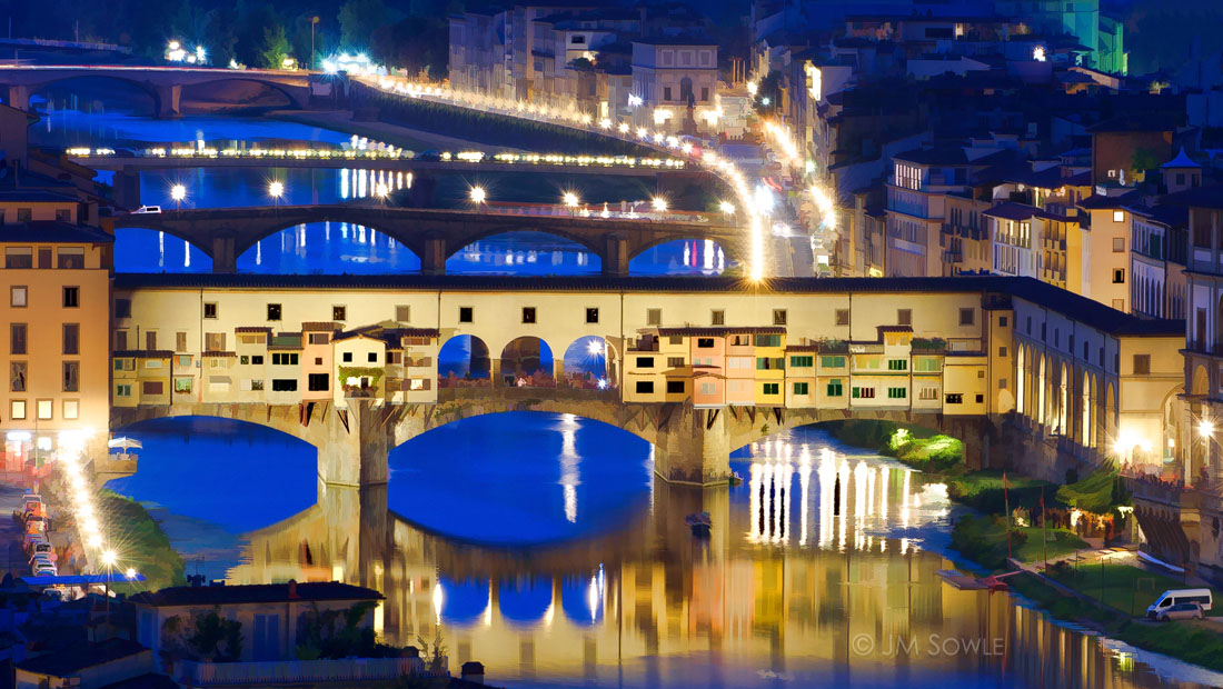 MIK_0005BS2.jpg - The Ponte Vecchio is always a happening place.  When seen from the Piazzale Michelangelo, you can see how busy the area can be.  This is a picture taken at the tail end of the blue hour, and then treated with some artsy Photoshop processing.