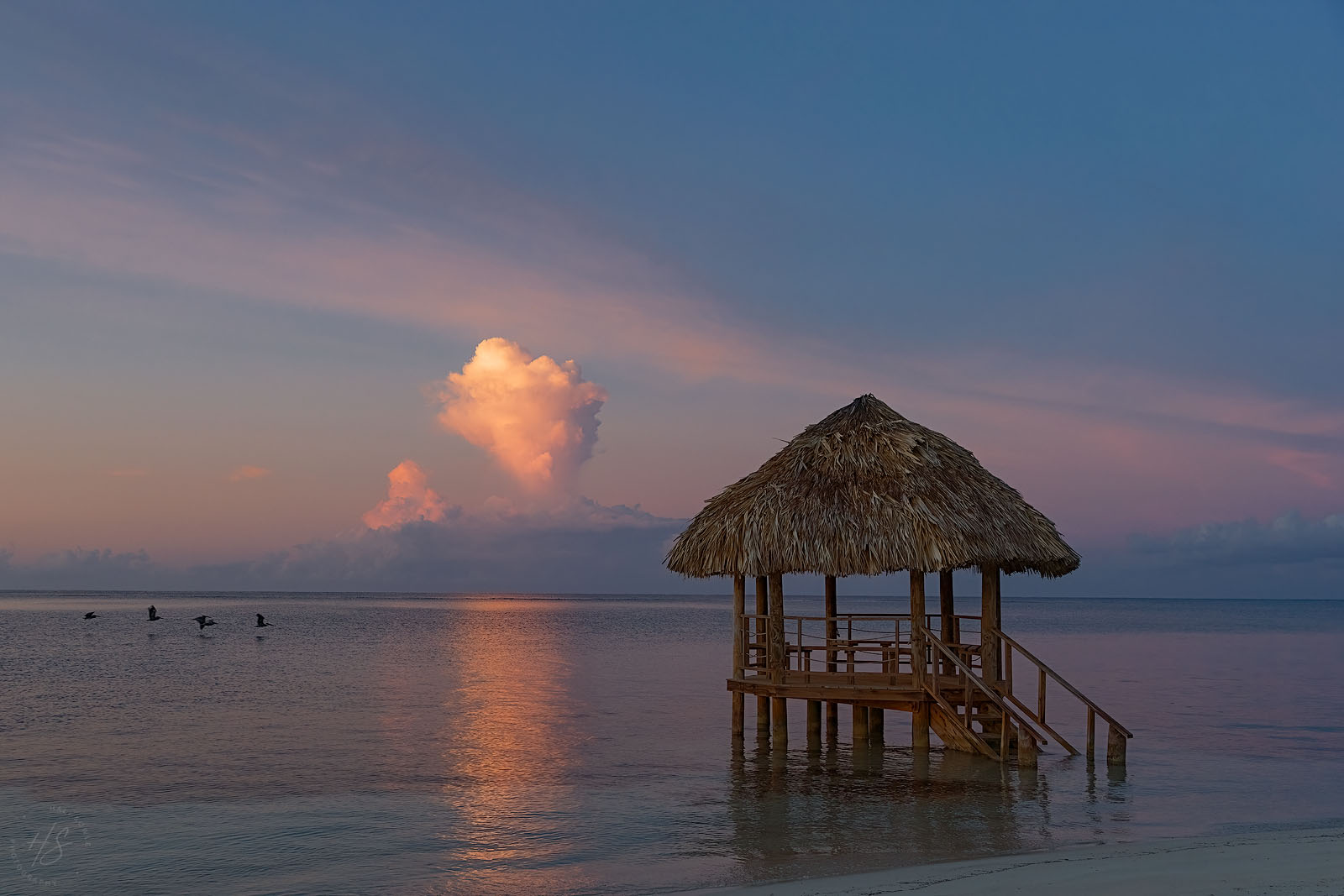 2021_09_SandalsSouthCoast-10131-Edit1600.jpg - Sunrise over the Caribbean sea.   With our favorite palapa as the foreground and some pelicans flying through.