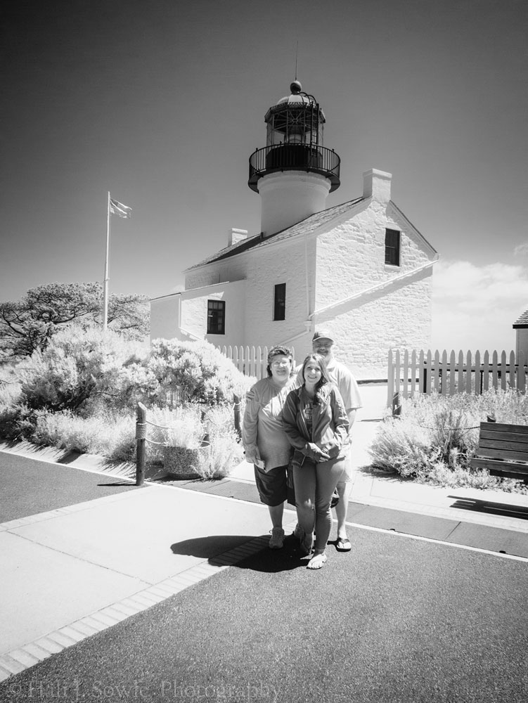 2017_05_SanDiegoandJoshuaTree-10073-Edit1000.jpg - Ingrid, Larry and Hannah outside the old Point Loma Lighthouse, Infrared.