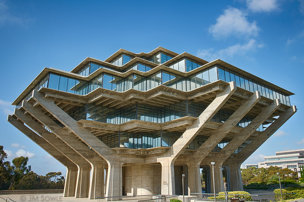 _JMS0058_HDR.jpg - The Geisel Library at UCSD.  From Wikipedia: "It is named in honor of Audrey and Theodor Seuss Geisel, better known as Dr. Seuss. The building's distinctive Brutalist architecture has resulted in its being featured in the UC San Diego logo and becoming the most recognizable building on campus."