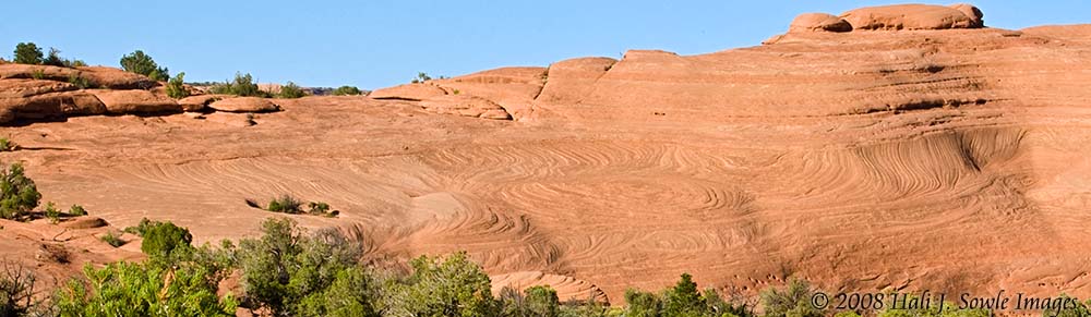 2008_09_02_Moab_304.jpg - Sandstone swirls and contours-I think the swirling lines are due to the wind blowing over the open rock, or then again it could be that this was a sand dune millions of years ago and this is how it solidified.  Just conjecture on my part.  As seen from the hike up to Delicate Arch