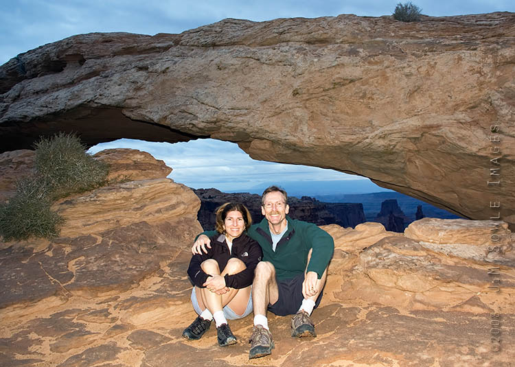 _DSC0244.jpg - This was our first attempt at catching a "sunrise".  It clearly was not a good day for that! At least we got a shot of ourselves in front of Mesa Arch...