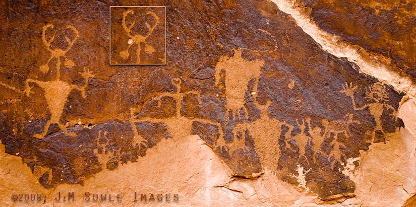 _JMS0300.jpg - This is the famous "Moab Man" rock art (petroglyph).  I've digitally removed a chip near the Moab Man.  I'm not sure if the chip is due to vandalism, but that seems likely.  The inset image shows the actual state of the petroglyph.