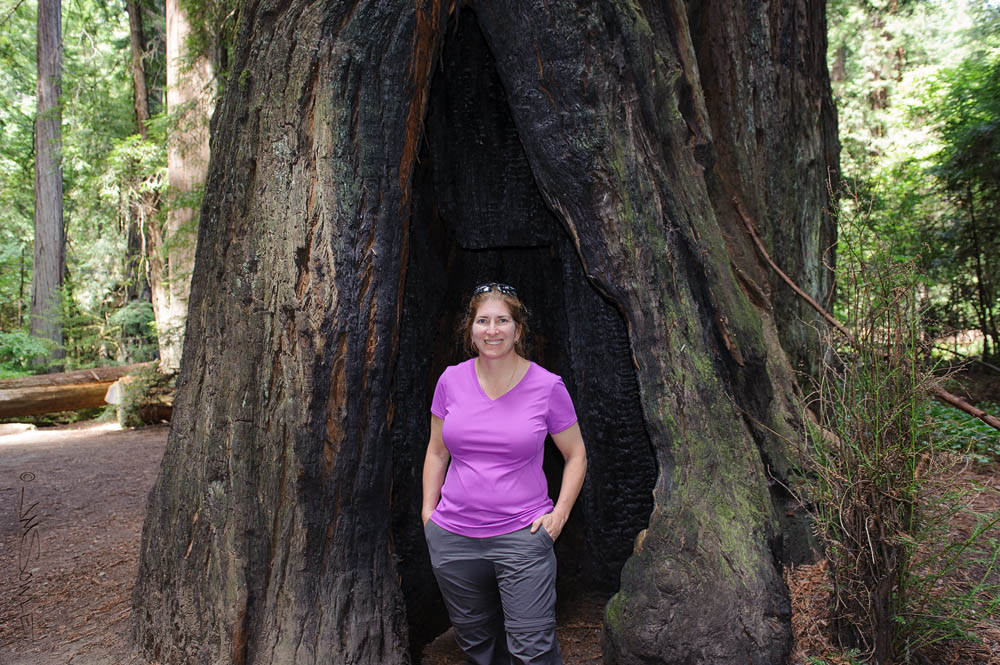 NorthCali2014_37.JPG - Hali posing near one of the smaller giants along the avenue of the giants, Humboldt Redwoods State Park.