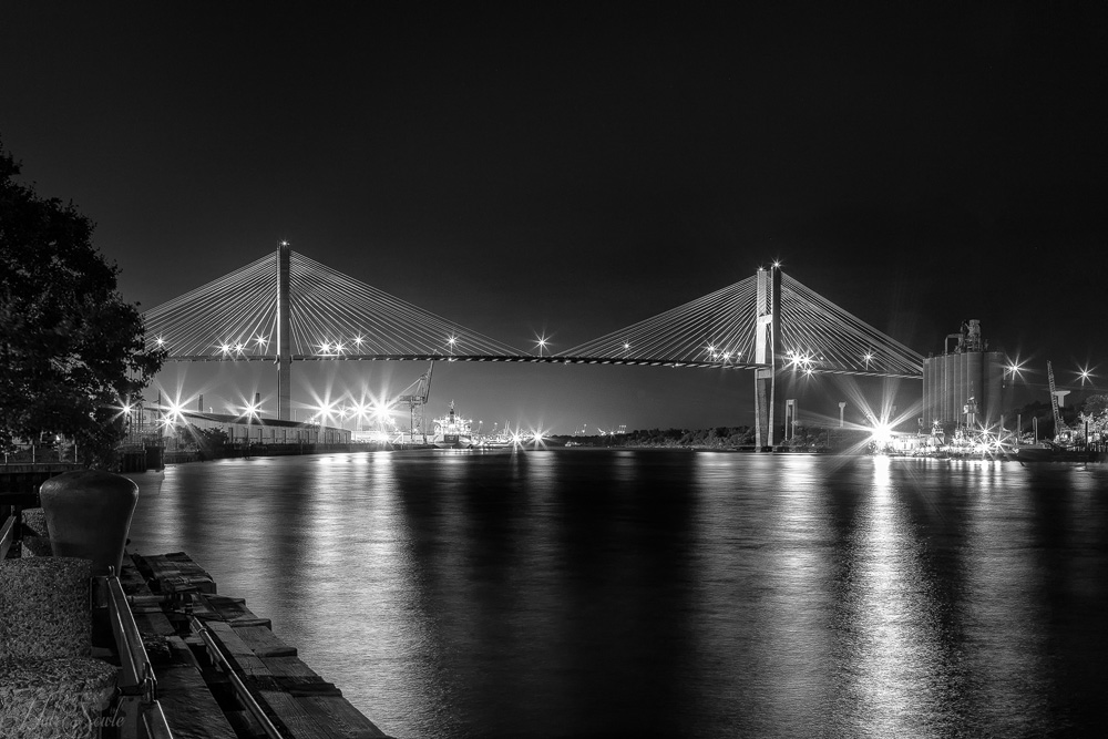 2016_06_Savannah_Charleston-10445-Edit1000.jpg - Talmadge Memorial Bridge at night (from West River Street).  The Talmadge bridge spans the Savannah River between Savannah and Hutchinson Island.