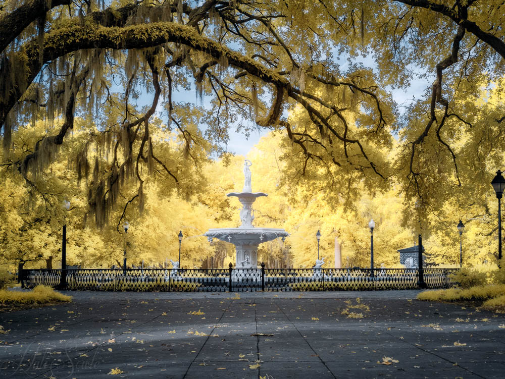 2016_06_Savannah_Charleston-10568-Edit1000.jpg - The fountain at the North entrance of Forsyth Park, Savannah Georgia, faux-color Infrared.  Forsyth park is a 30 acre park in the Victorian District of Savannah making it one of the largest squares in the city.  The park also has a Confederate Memorial as well as basketball and tennis courts.  It also has a Fragrant Garden for the blind.  This fountain and other parts of the park appeared in the films the Longest Yard and Cape Fear.