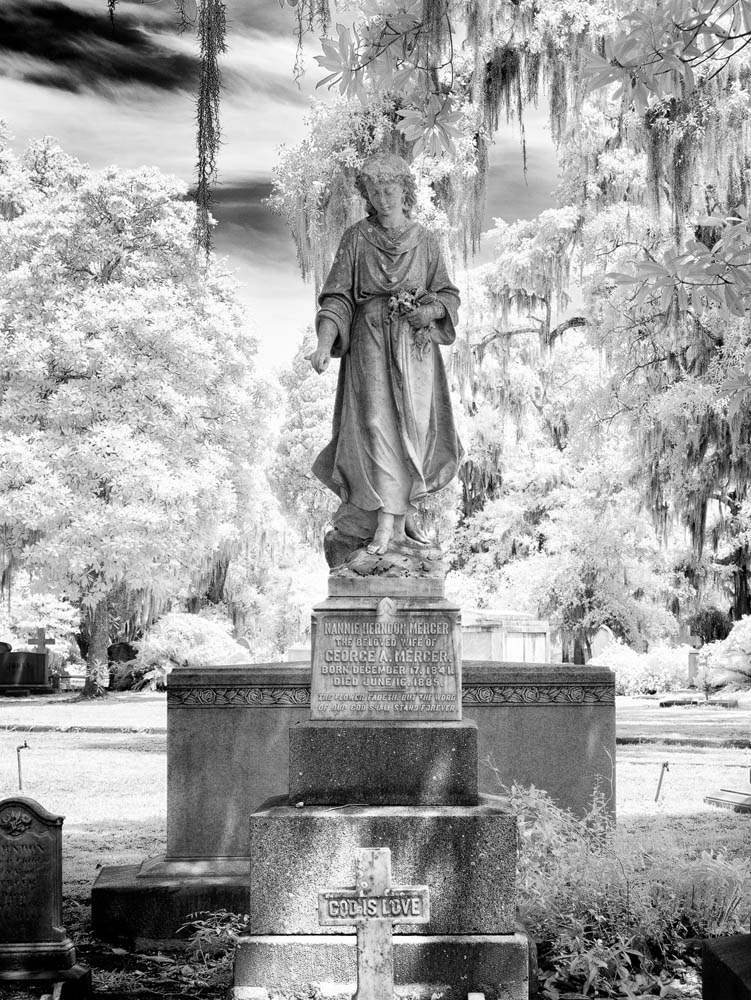 2016_06_Savannah_Charleston-10916-Edit1000.jpg - Another beautiful statue in IR.  This statue was of Nannie Herndon Mercer.  However, the most famous statue of Bonaventure - the Bird Girl - no longer resides in the cemetery, it was relocated to a dedicated space in the Telfair Museum in Savannah in 1997.
