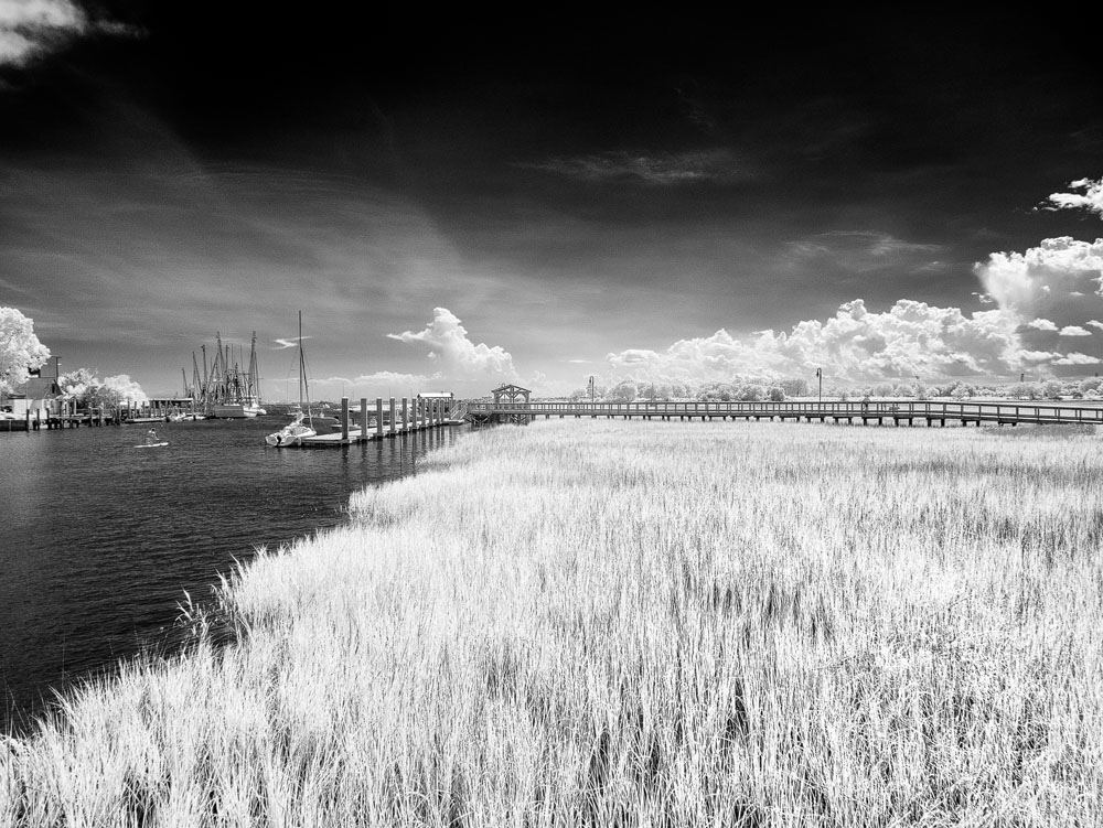 2016_06_Savannah_Charleston-11757-Edit1000.jpg - Shems Creek Park. infrared.  There are boardwalks with nice views of the creek and wetlands.  You can see the shrimp boats that have returned from the days fishing.