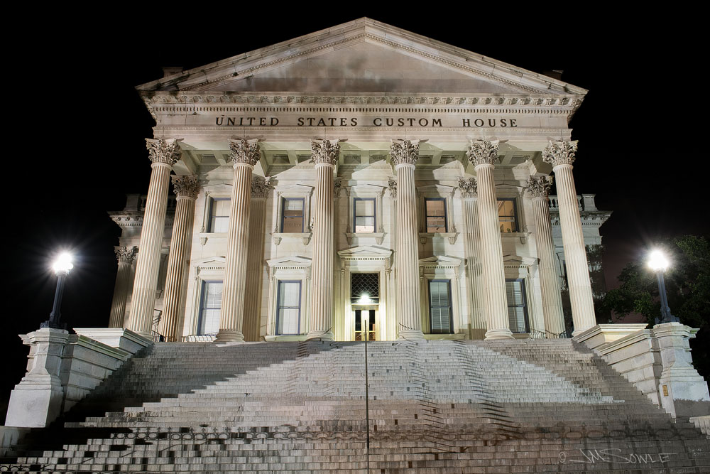 _JMS0744.jpg - The Custom House in the French Quarter (AKA U.S. Customs and Border Protection).  It looks like the nearby fire back in April 2013 left some marks on the building.  Those marks seem to be more visible at night.