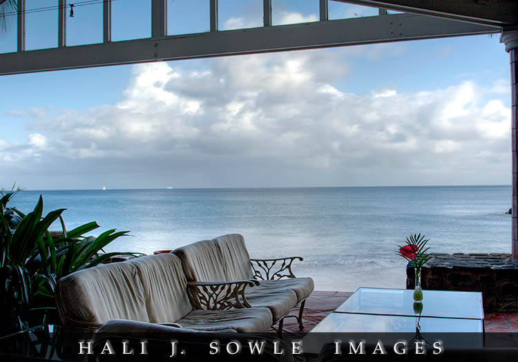 2008_05_11_Rendezevous_00007_08_09_10_11_12.jpg - Early morning view out the covered bar area.  They served afternoon tea here, it was where people sat around and chatted before dinner and the stage for the evening shows was in here as well.