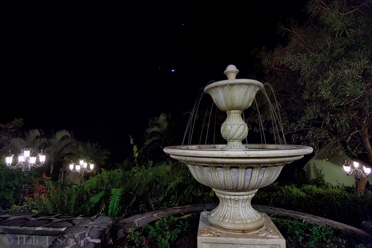 2012_03_25_SandalsLaToc-10342-Edit750.jpg - Late March saw the closest conjunction of Venus and Jupiter in years.  We were lucky enough to catch it on vacation with a mild quarter moon and mostly clear skies.  The shot was taken near our room at the Butler Suites.