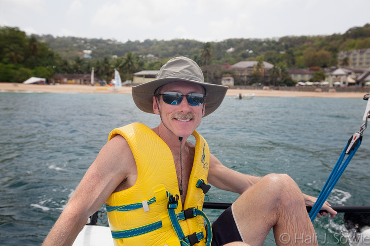 2012_03_29_SandalsLaToc-10102-Edit750.jpg - Mike piloting the hobie from Sandals La Toc.  The wind was fitful and not the best but as always we had a great time sailing.
