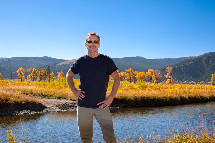 2010_09_28_Yellowstone-10229-Edit750.jpg - Mike making a pose on the banks of the Yellowstone in the Lamar Valley.
