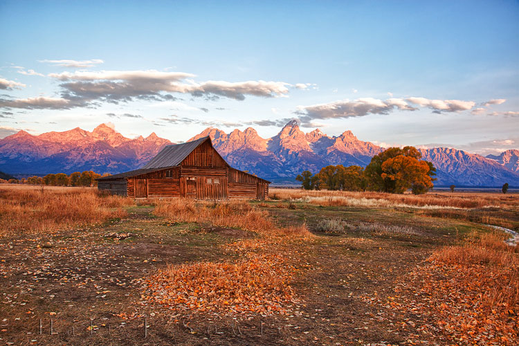2010_10_06_Yellowstone-10032_HDR_Edit750.jpg - We got up well before dawn to shoot the iconic Mormon Barns in Grand Teton NP, although there were few clouds to the west the east had a low bank of clouds that blocked much of the early sun from coming through to light up the mountains and the barn.  It took a while but when the sun did finally peak out we were well rewarded with some beautiful color.