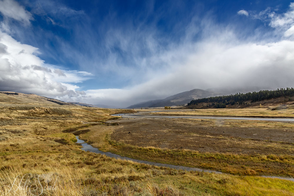 2015_09_16_Yellowstone-10651-Edit1000.jpg - The weather was very variable the first few days we were in Yellowstone.  This was about 5 hours after that shot of Elk in the pouring rain.   Lamar valley near the Yellowstone institute.  The sky was clear to the west as we were driving through the valley but as we came more east and north these clouds were beginning to move in.  20 minutes later it poured on us then...it was rainbow time!