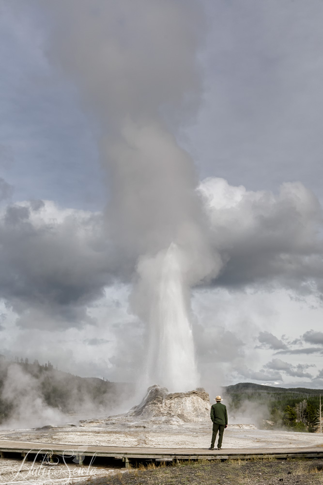 2015_09_18_Yellowstone-10596-Edit1000.jpg - Castle Geyser and Ranger.  We were so excited to see another geyser eruption that we ran towards this one despite being tired from a long day already only to find that Castle geyser erupts for 20 minutes at a time.  I stopped when I saw the Ranger and got lucky when the other people walked away and he just stood there alone for a scant few seconds.  For me this is probably the most iconic shot of the trip.