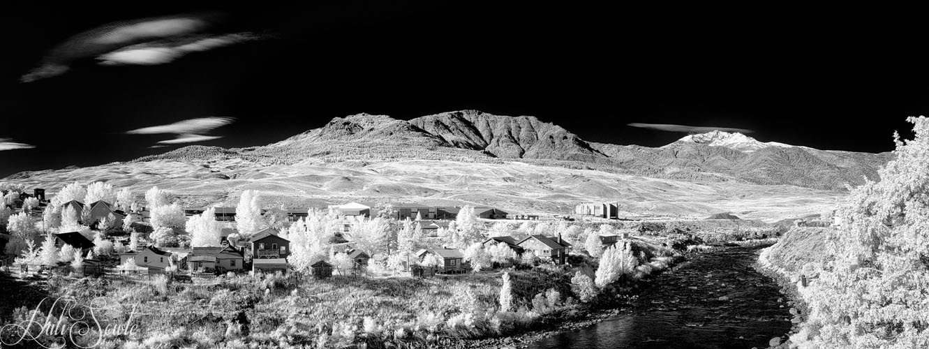 2015_09_19_Yellowstone-10007-Pano-Edit1000.jpg - Panoramic view of part of the town of Gardiner and over Yellowstone NP from our last room at the Riverside Cottages.   Infrared Image 720nm