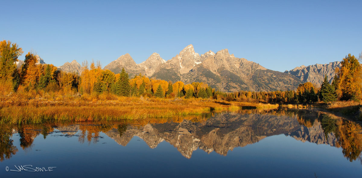 _JIM0784.jpg - Schwabacher's Landing at Sunrise. Grand Teton NP.  It's always a beautiful place, even when the sunrise is not dramatic.  Competition is tough for good picture locations.  And after throwing people in the water to claim your spot you have to wait a while for the water ripples to subside.