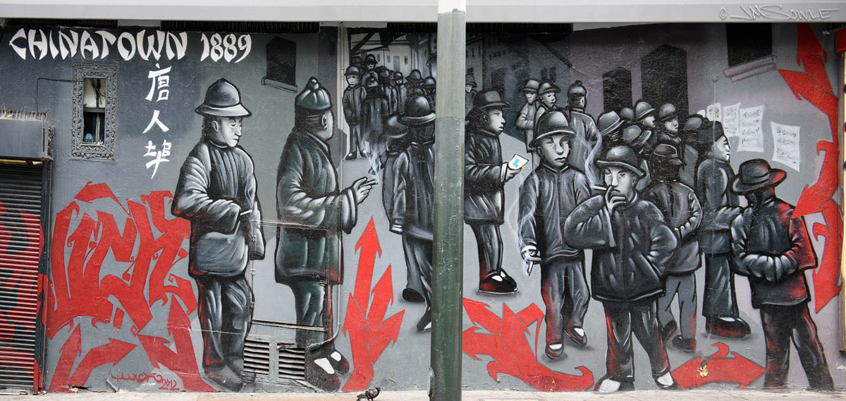 _JMS0307.jpg - Another mural in Chinatown.  This was on a steep street that I have straightened for this image, so the light pole is just a little skewed.