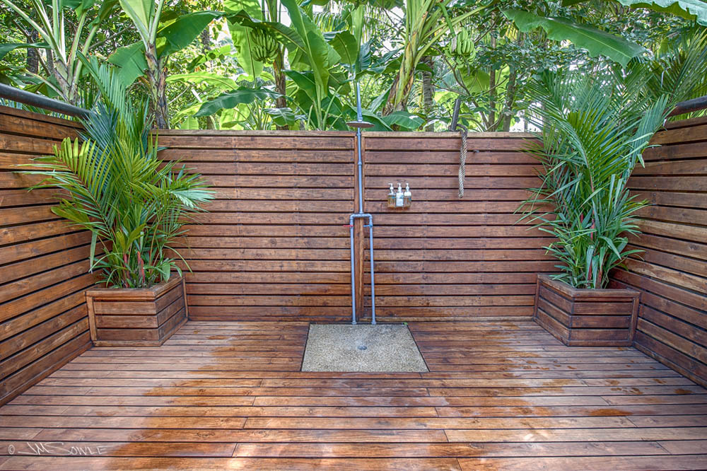 CostaRica2013_10.JPG - There was also an indoor shower, but we never tried it.  From the outdoor shower we could watch the iguanas climbing around in the tree and listen to the howler monkeys.  We never tried any of the bananas hanging over the shower area, but we were tempted!